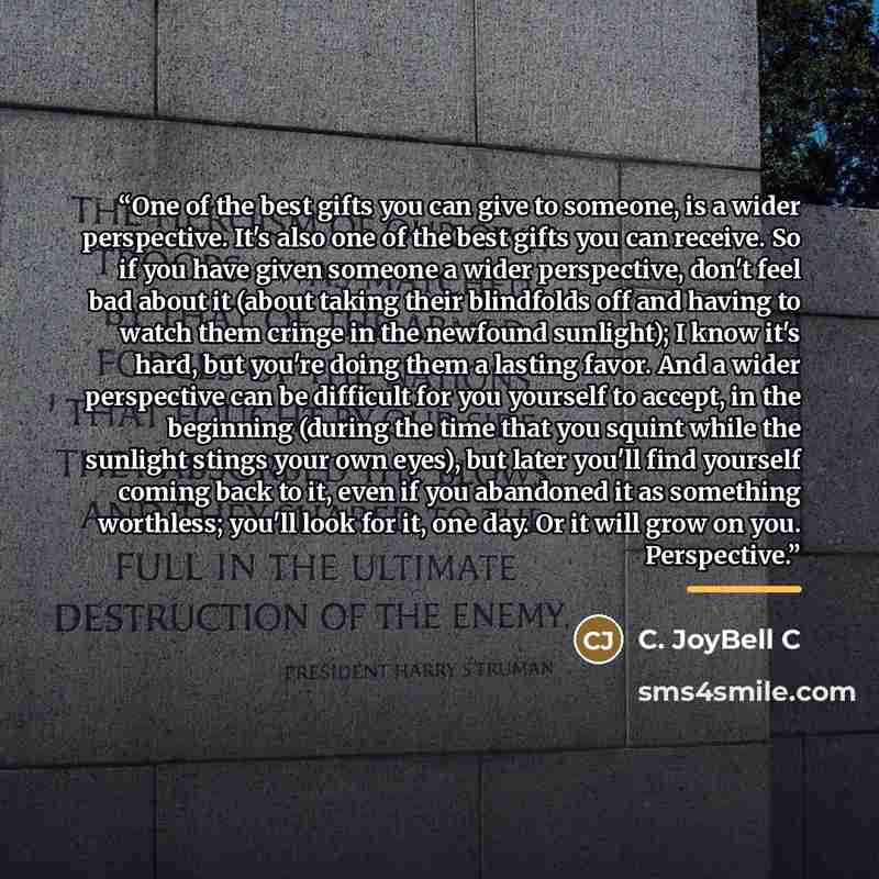 “One of the best gifts you can give to someone, is a wider perspective. It's also one of the best gifts you can receive. So if you have given someone a wider perspective, don't feel bad about it (about taking their blindfolds off and having to watch them cringe in the newfound sunlight); I know…” quote by C. JoyBell C