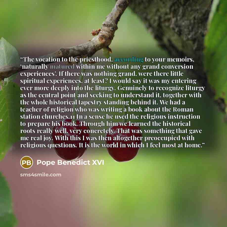 “The vocation to the priesthood, according to your memoirs, ‘naturally matured within me without any grand conversion experiences’. If there was nothing grand, were there little spiritual experiences, at least? I would say it was my entering ever more deeply into the liturgy. Genuinely to recognize…” quote by Pope Benedict XVI