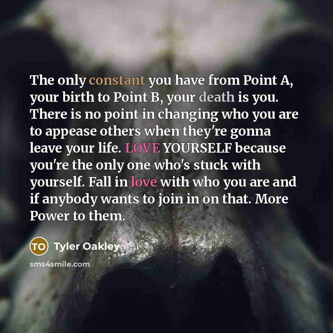 “The only constant you have from Point A, your birth to Point B, your death is you. There is no point in changing who you are to appease others when they're gonna leave your life. LOVE YOURSELF because you're the only one who's stuck with yourself. Fall in love with who you are and if anybody wants…” quote by Tyler Oakley