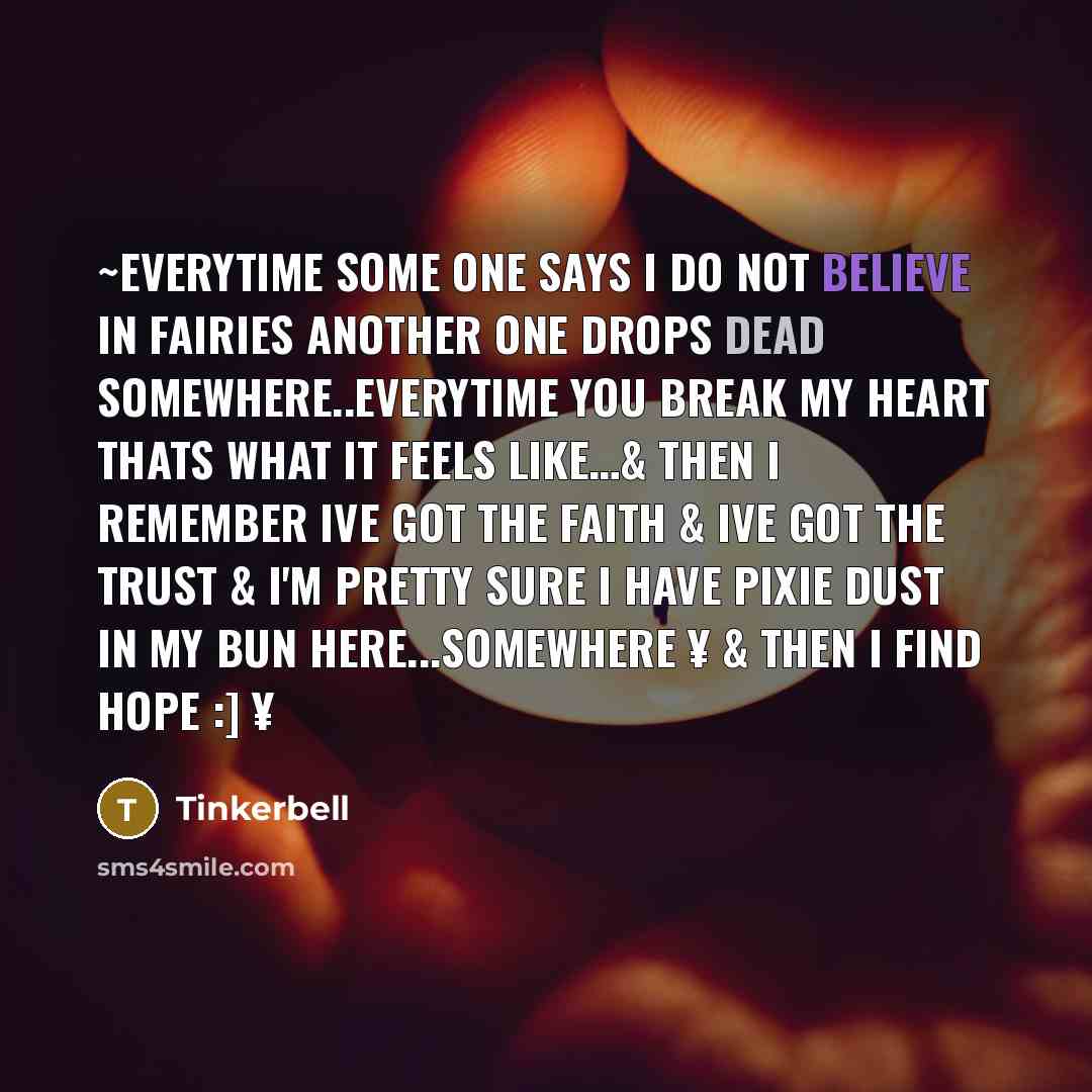 “~Everytime some one says I do not believe in fairies another one drops dead somewhere..everytime you break my heart thats what it feels like…& then I remember Ive got the Faith & Ive got the trust & I'm pretty sure I have pixie dust in my bun here...somewhere ¥ & then I find hope :] ¥” quote by Tinkerbell