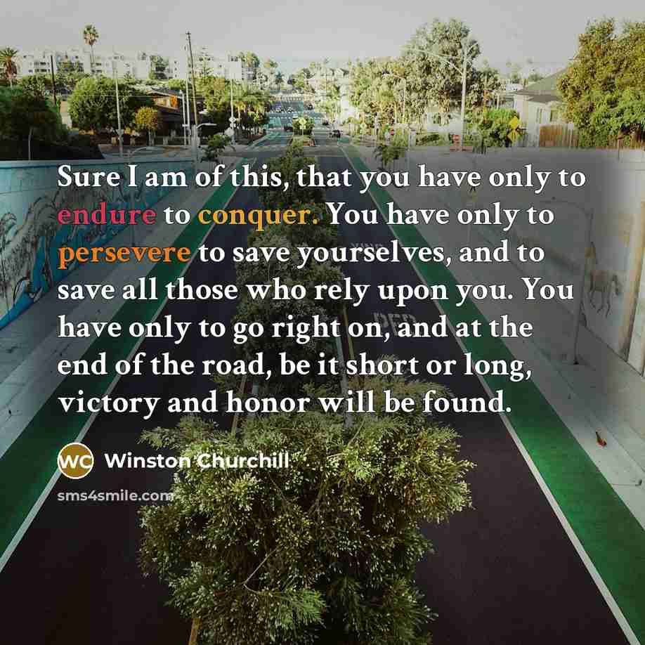 “Sure I am of this, that you have only to endure to conquer. You have only to persevere to save yourselves, and to save all those who rely upon you. You have only to go right on, and at the end of the road, be it short or long, victory and honor will be found.” quote by Winston Churchill