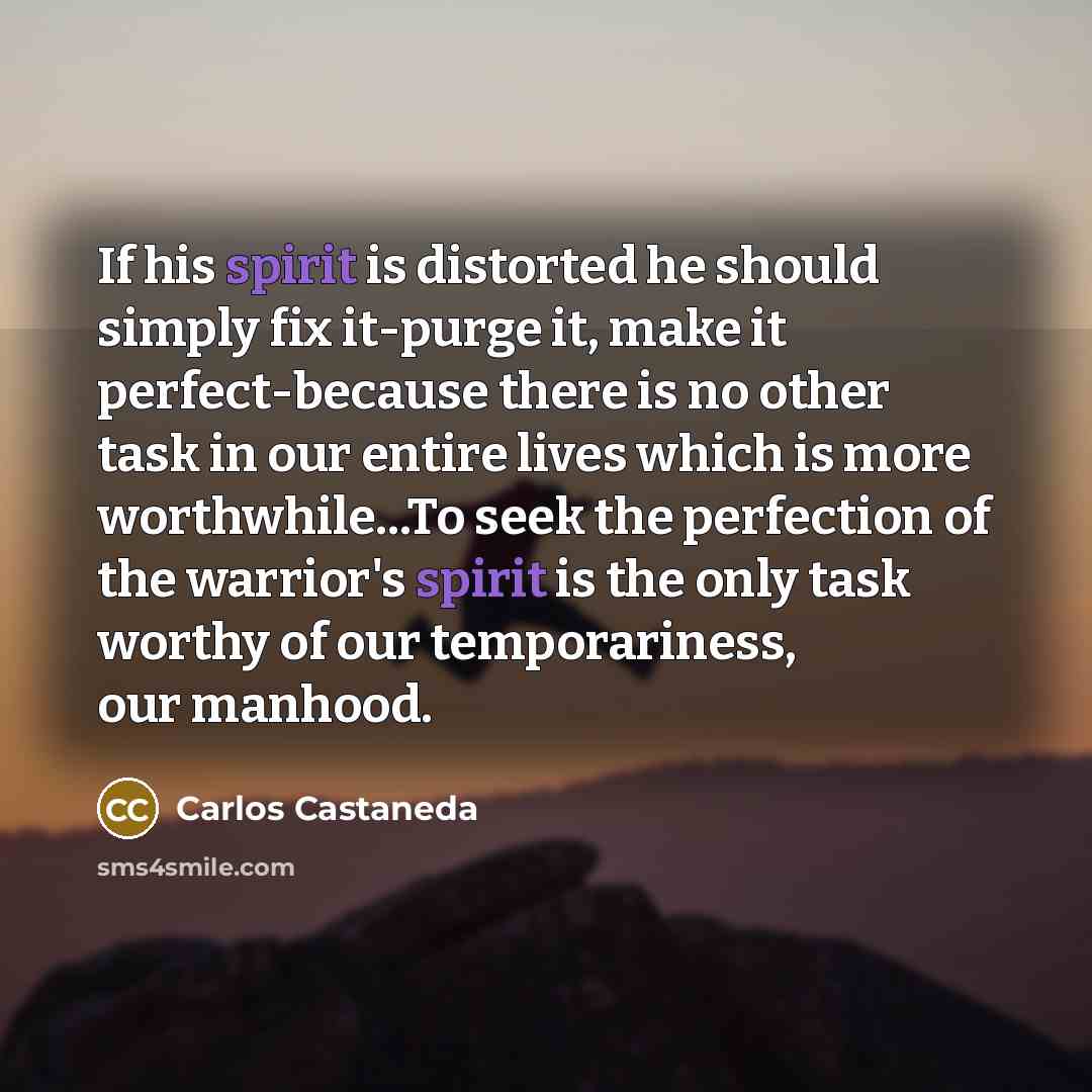 “If his spirit is distorted he should simply fix it-purge it, make it perfect-because there is no other task in our entire lives which is more worthwhile...To seek the perfection of the warrior's spirit is the only task worthy of our temporariness, our manhood.” quote by Carlos Castaneda
