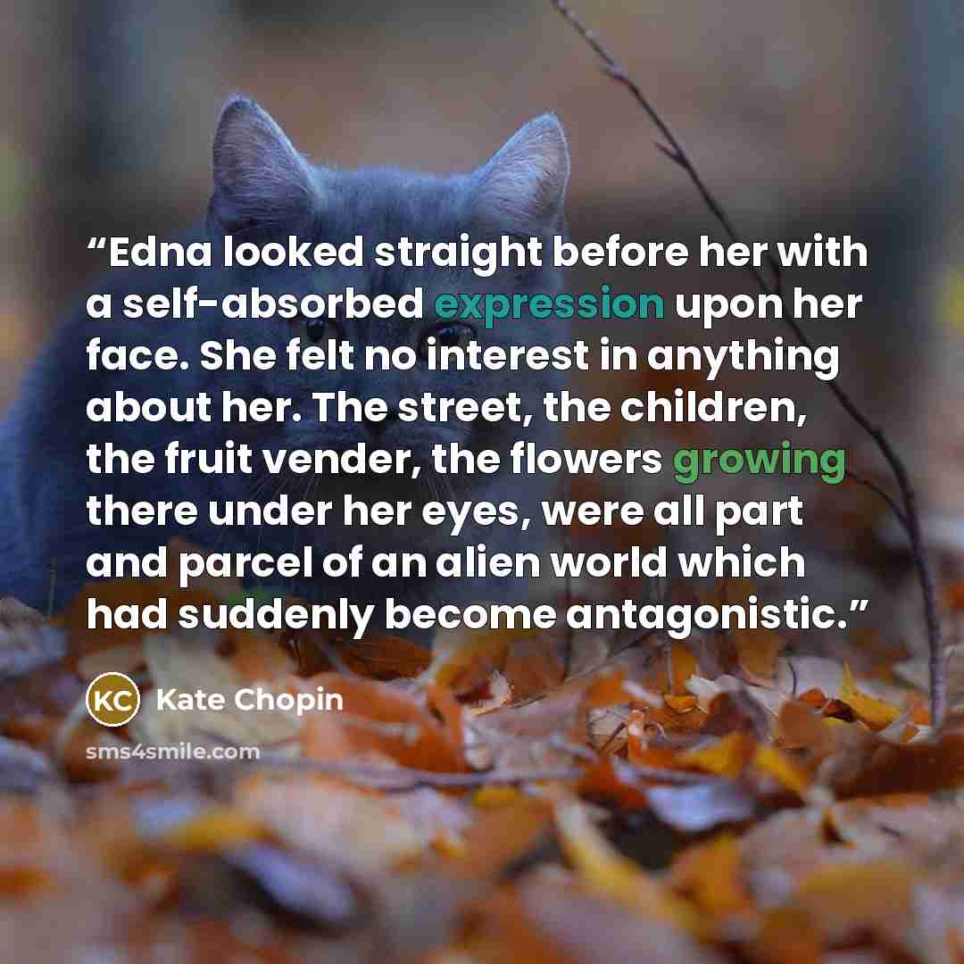“Edna looked straight before her with a self-absorbed expression upon her face. She felt no interest in anything about her. The street, the children, the fruit vender, the flowers growing there under her eyes, were all part and parcel of an alien world which had suddenly become antagonistic.” quote by Kate Chopin