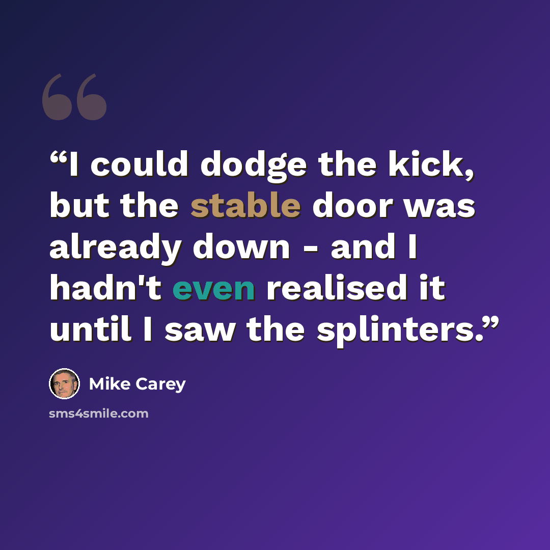 “I could dodge the kick, but the stable door was already down - and I hadn't even realised it until I saw the splinters.” quote by Mike Carey