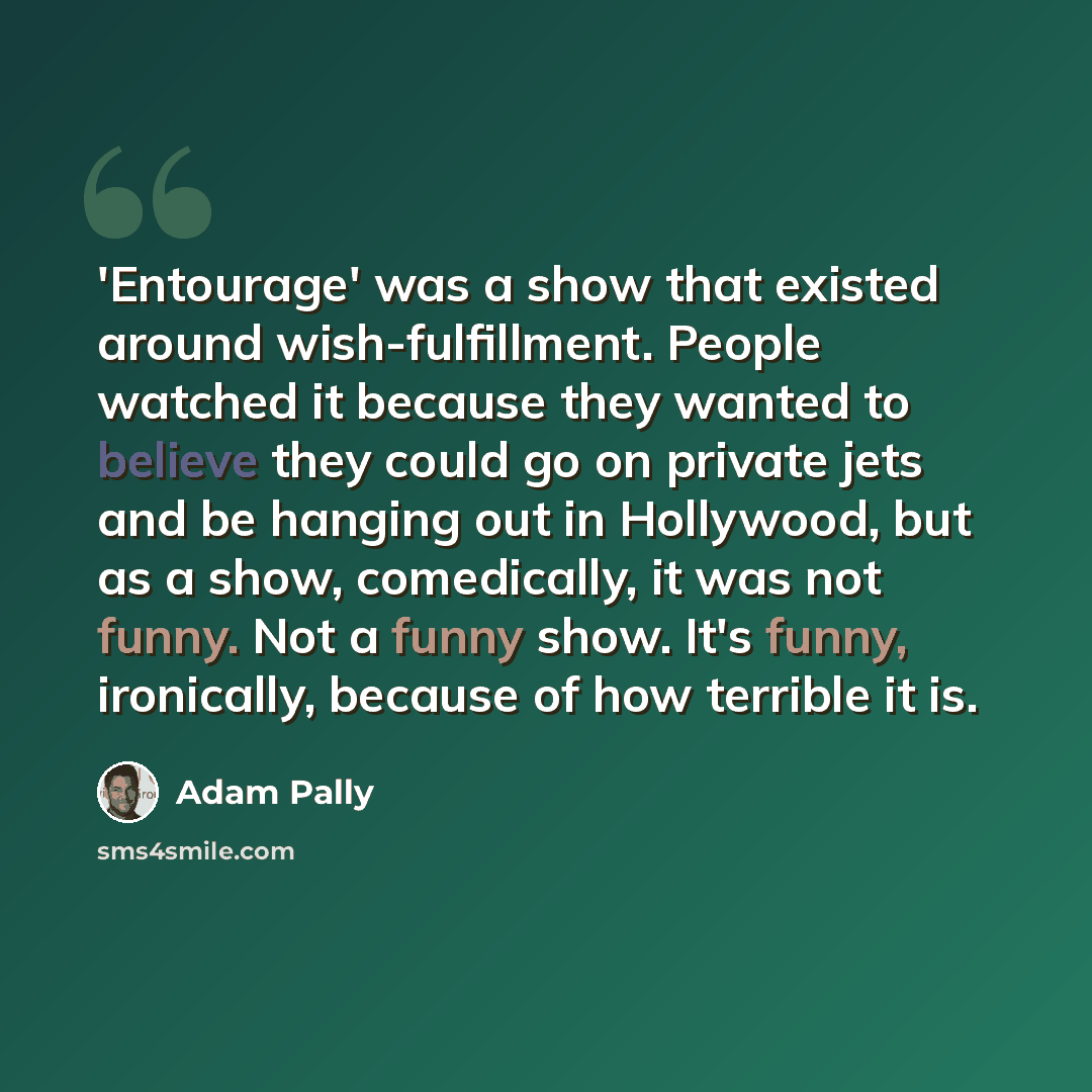 “'Entourage' was a show that existed around wish-fulfillment. People watched it because they wanted to believe they could go on private jets and be hanging out in Hollywood, but as a show, comedically, it was not funny. Not a funny show. It's funny, ironically, because of how terrible it is.” quote by Adam Pally