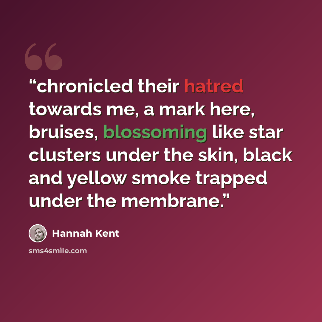 “chronicled their hatred towards me, a mark here, bruises, blossoming like star clusters under the skin, black and yellow smoke trapped under the membrane.” quote by Hannah Kent