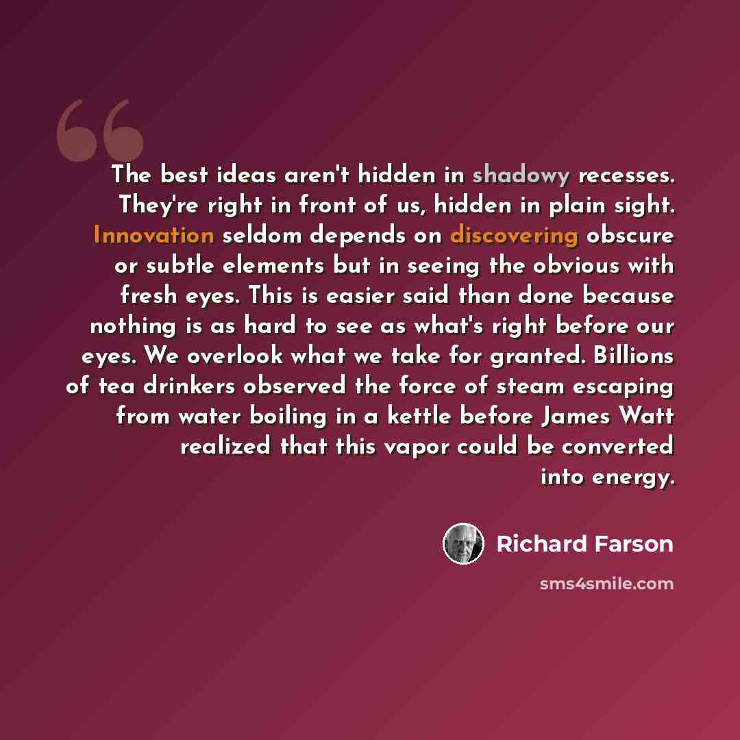 “The best ideas aren't hidden in shadowy recesses. They're right in front of us, hidden in plain sight. Innovation seldom depends on discovering obscure or subtle elements but in seeing the obvious with fresh eyes. This is easier said than done because nothing is as hard to see as what's right…” quote by Richard Farson