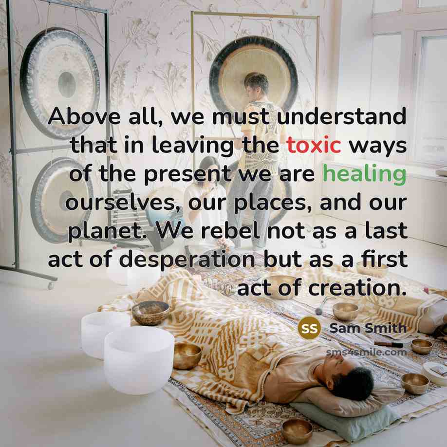 “Above all, we must understand that in leaving the toxic ways of the present we are healing ourselves, our places, and our planet. We rebel not as a last act of desperation but as a first act of creation.” quote by Sam Smith
