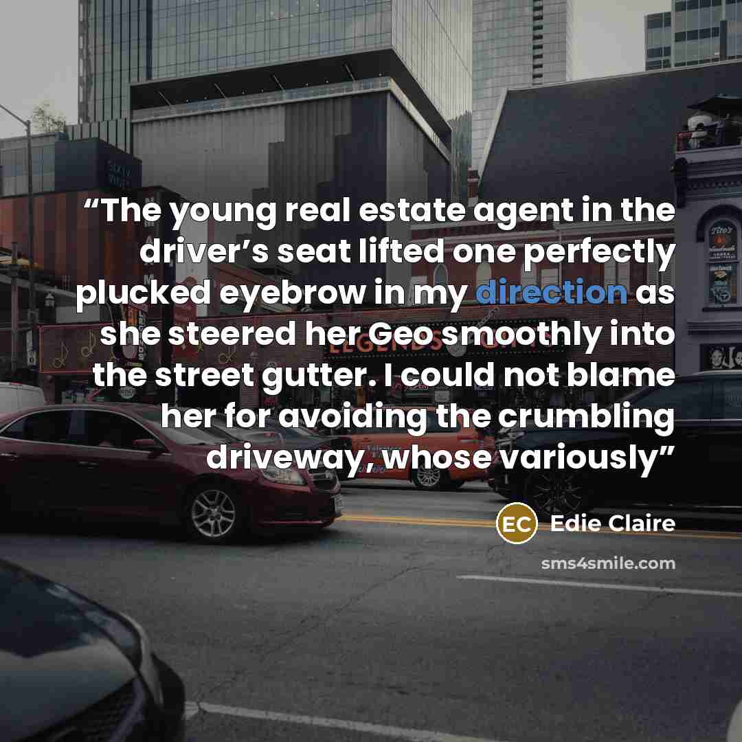 “The young real estate agent in the driver’s seat lifted one perfectly plucked eyebrow in my direction as she steered her Geo smoothly into the street gutter. I could not blame her for avoiding the crumbling driveway, whose variously” quote by Edie Claire