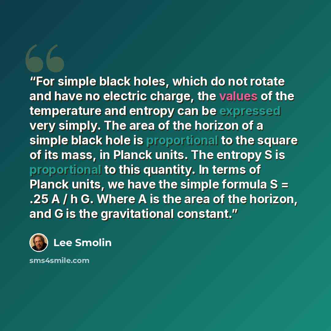“For simple black holes, which do not rotate and have no electric charge, the values of the temperature and entropy can be expressed very simply. The area of the horizon of a simple black hole is proportional to the square of its mass, in Planck units. The entropy S is proportional to this…” quote by Lee Smolin