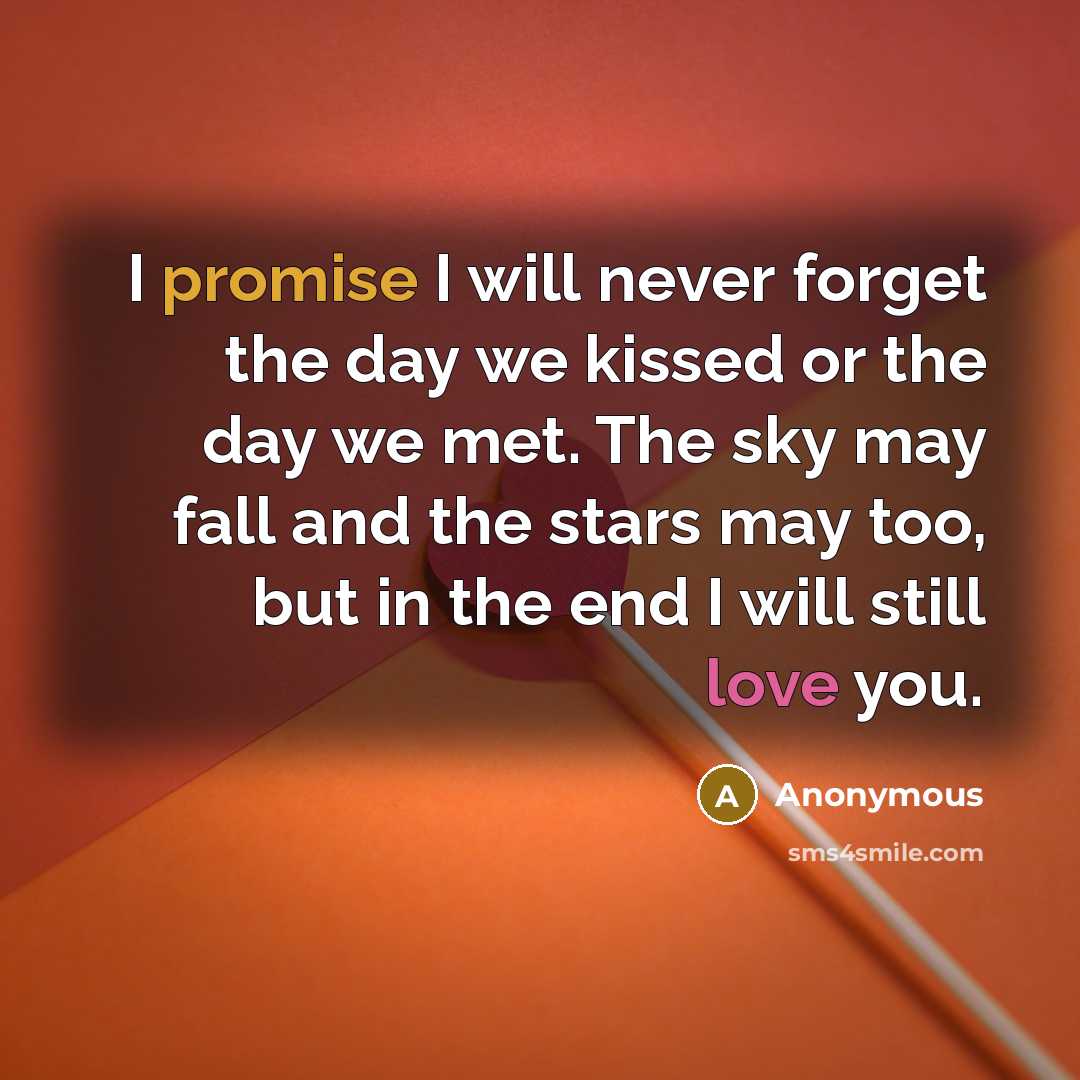 “I promise I will never forget the day we kissed or the day we met. The sky may fall and the stars may too, but in the end I will still love you.” quote by Anonymous
