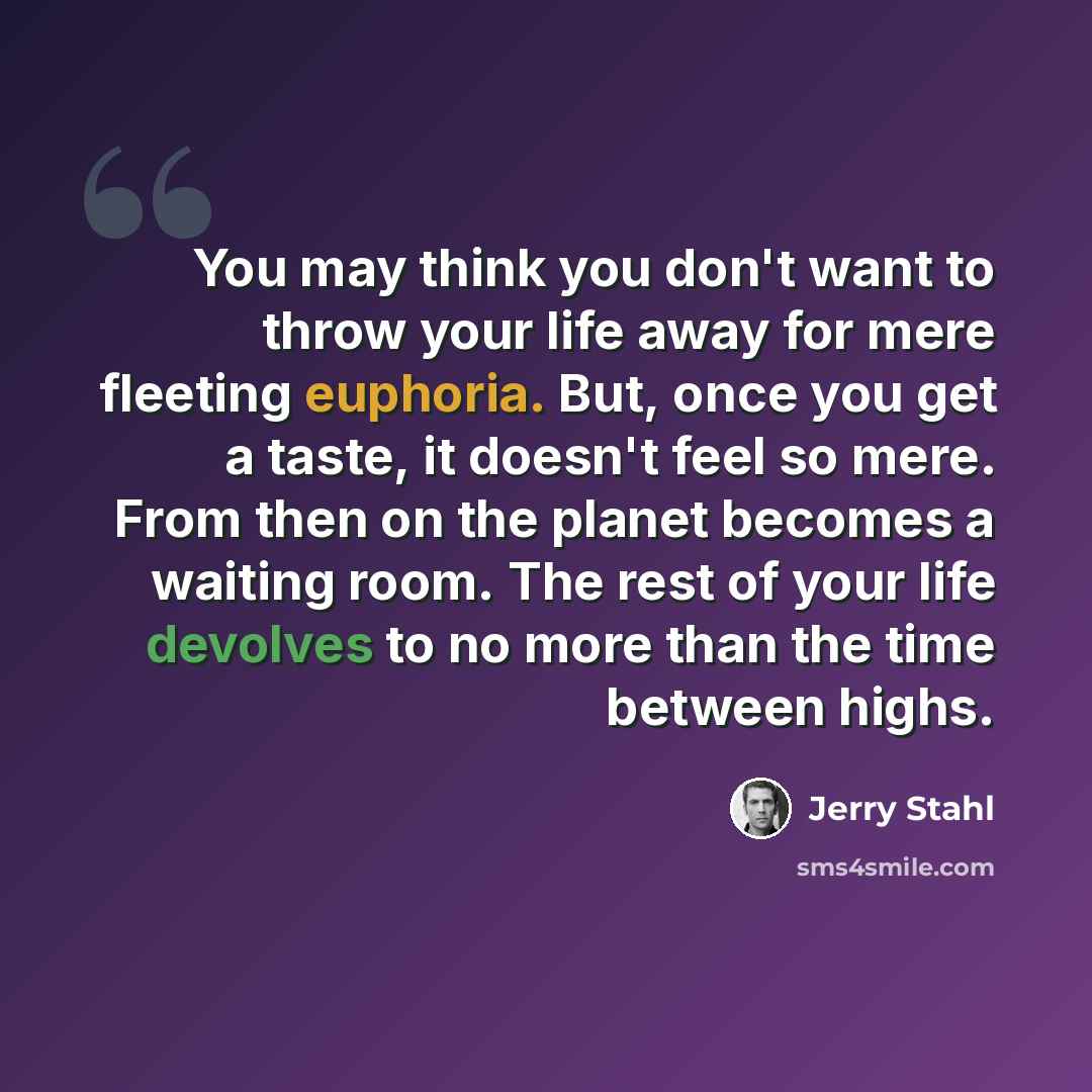 “You may think you don't want to throw your life away for mere fleeting euphoria. But, once you get a taste, it doesn't feel so mere. From then on the planet becomes a waiting room. The rest of your life devolves to no more than the time between highs.” quote by Jerry Stahl