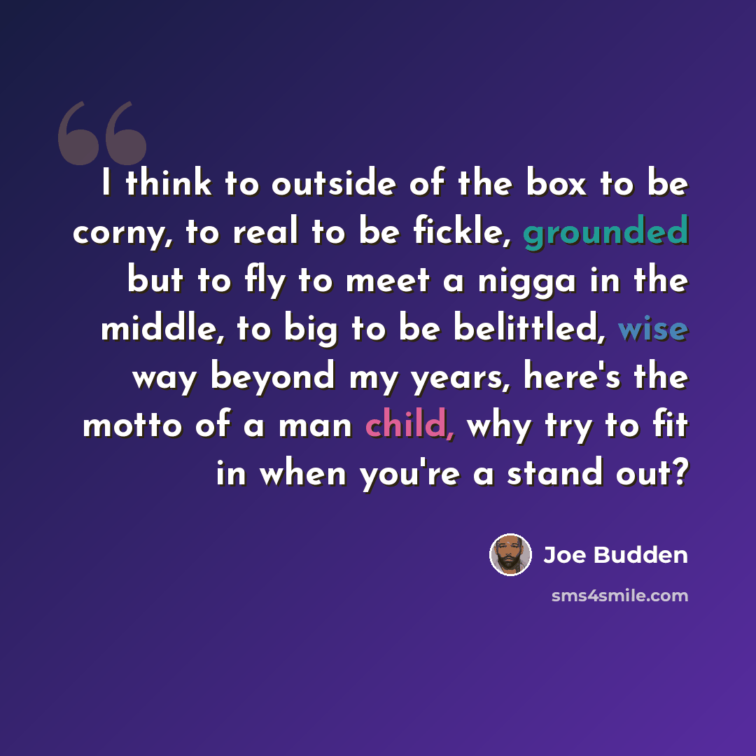 “I think to outside of the box to be corny, to real to be fickle, grounded but to fly to meet a nigga in the middle, to big to be belittled, wise way beyond my years, here's the motto of a man child, why try to fit in when you're a stand out?” quote by Joe Budden