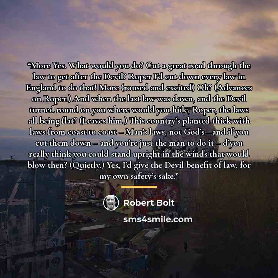 “More Yes. What would you do? Cut a great road through the law to get after the Devil? Roper I’d cut down every law in England to do that! More (roused and excited) Oh? (Advances on Roper.) And when the last law was down, and the Devil turned round on you where would you hide, Roper, the laws all…” quote by Robert Bolt