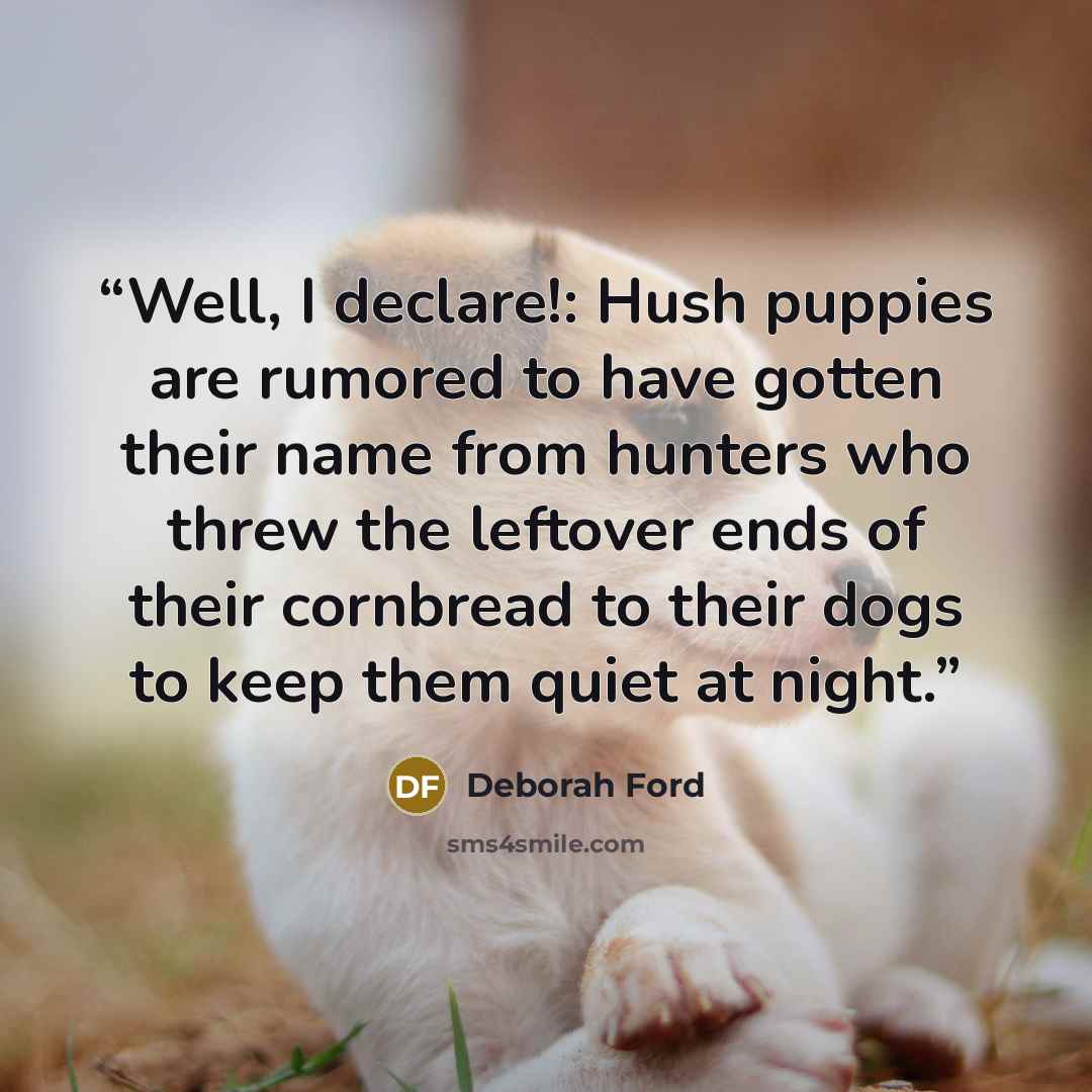 “Well, I declare!: Hush puppies are rumored to have gotten their name from hunters who threw the leftover ends of their cornbread to their dogs to keep them quiet at night.” quote by Deborah Ford