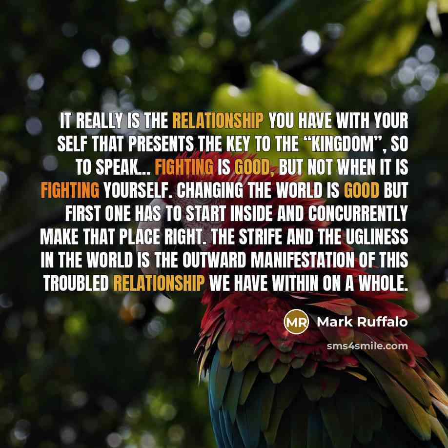 “It really is the relationship you have with your self that presents the key to the “kingdom”, so to speak... Fighting is good, but not when it is fighting yourself. Changing the world is good but first one has to start inside and concurrently make that place right. The strife and the ugliness in…” quote by Mark Ruffalo