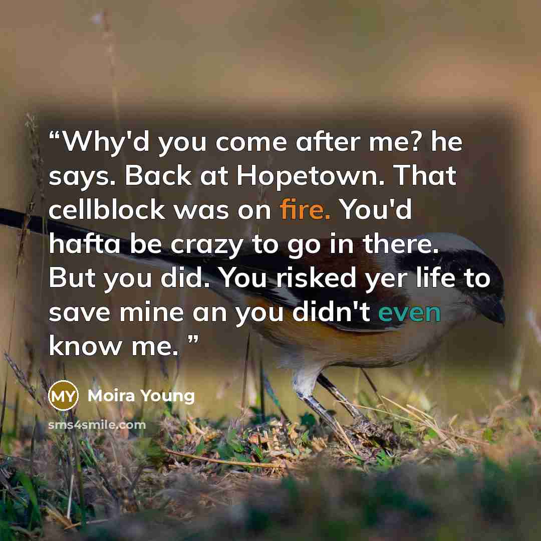 “Why'd you come after me? he says. Back at Hopetown. That cellblock was on fire. You'd hafta be crazy to go in there. But you did. You risked yer life to save mine an you didn't even know me.” quote by Moira Young