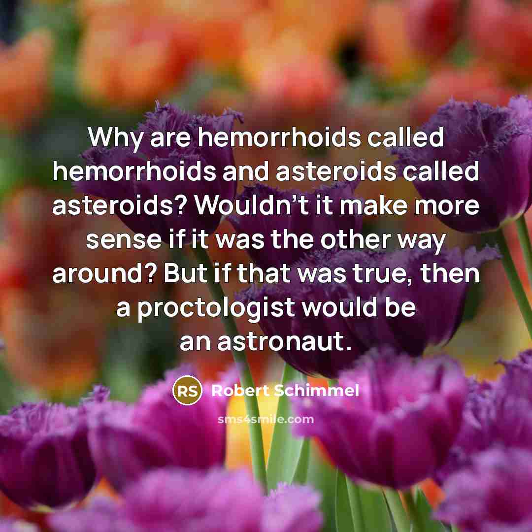 “Why are hemorrhoids called hemorrhoids and asteroids called asteroids? Wouldn't it make more sense if it was the other way around? But if that was true, then a proctologist would be an astronaut.” quote by Robert Schimmel