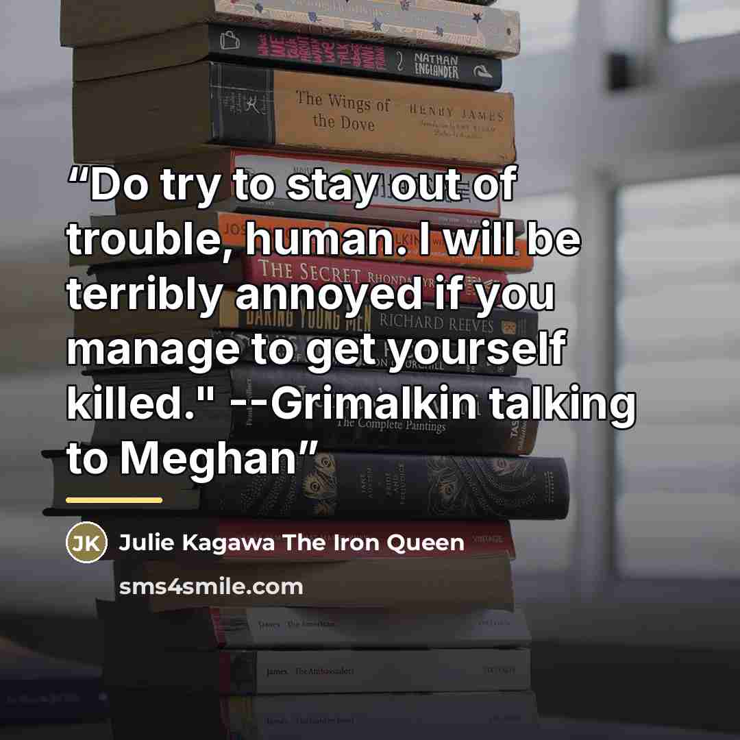 “Do try to stay out of trouble, human. I will be terribly annoyed if you manage to get yourself killed." --Grimalkin talking to Meghan” quote by Julie Kagawa The Iron Queen