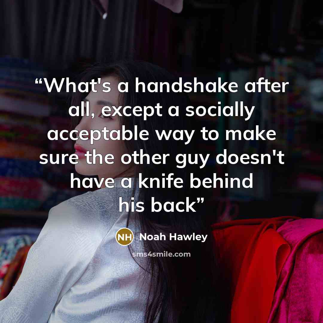 “What's a handshake after all, except a socially acceptable way to make sure the other guy doesn't have a knife behind his back” quote by Noah Hawley