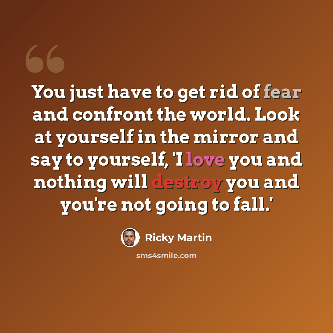 “You just have to get rid of fear and confront the world. Look at yourself in the mirror and say to yourself, 'I love you and nothing will destroy you and you're not going to fall.'” quote by Ricky Martin