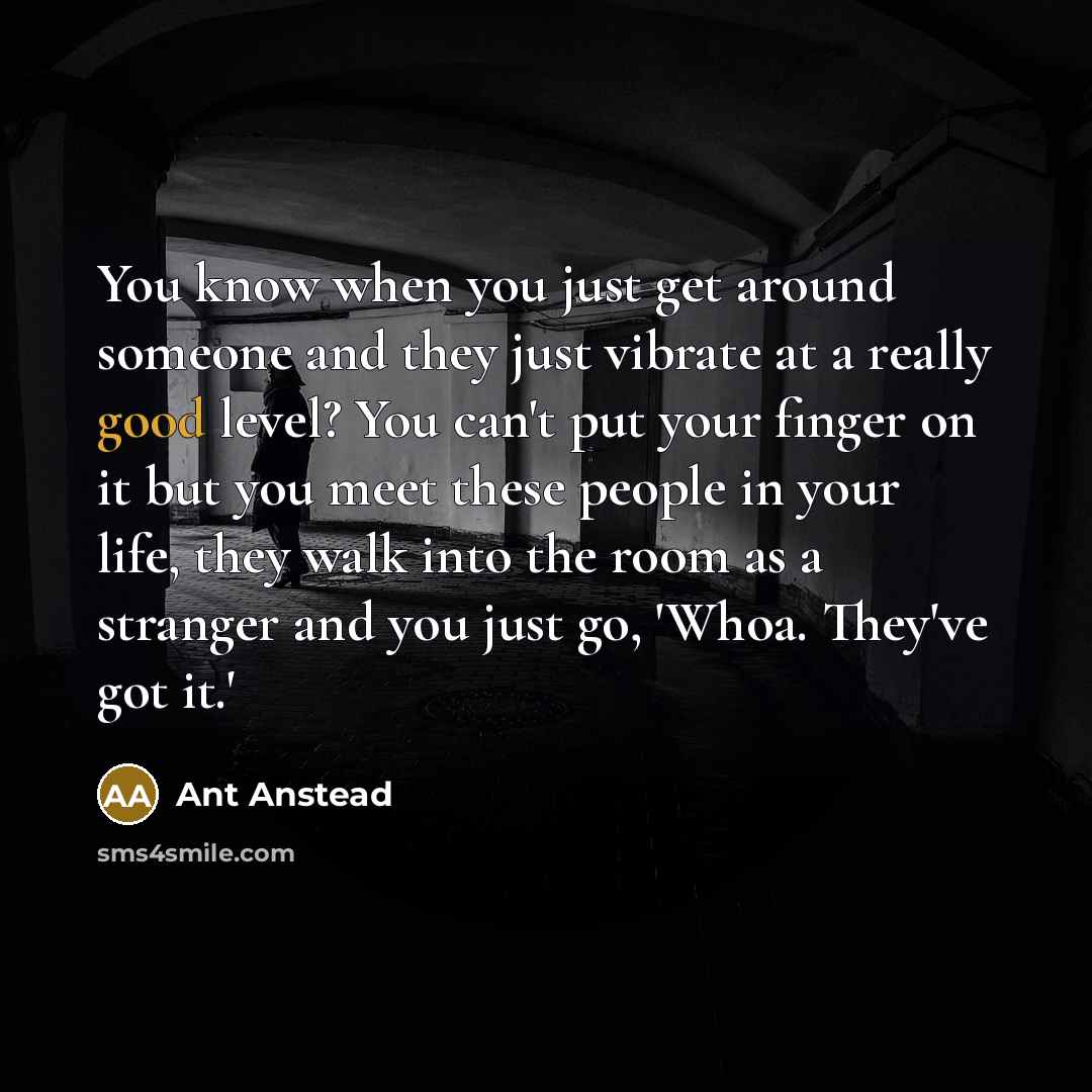 “You know when you just get around someone and they just vibrate at a really good level? You can't put your finger on it but you meet these people in your life, they walk into the room as a stranger and you just go, 'Whoa. They've got it.'” quote by Ant Anstead