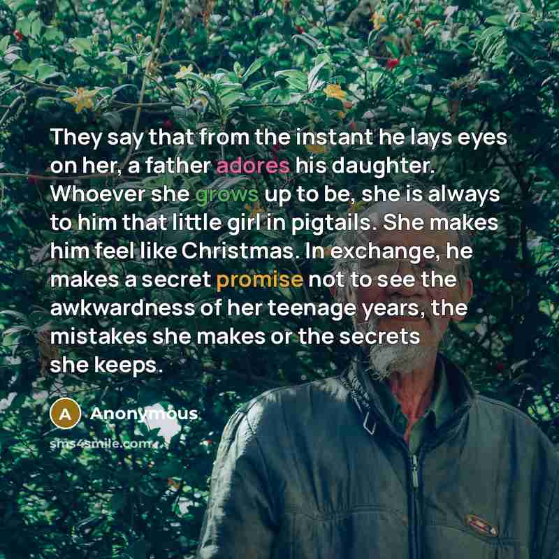 “They say that from the instant he lays eyes on her, a father adores his daughter. Whoever she grows up to be, she is always to him that little girl in pigtails. She makes him feel like Christmas. In exchange, he makes a secret promise not to see the awkwardness of her teenage years, the mistakes…” quote by Anonymous