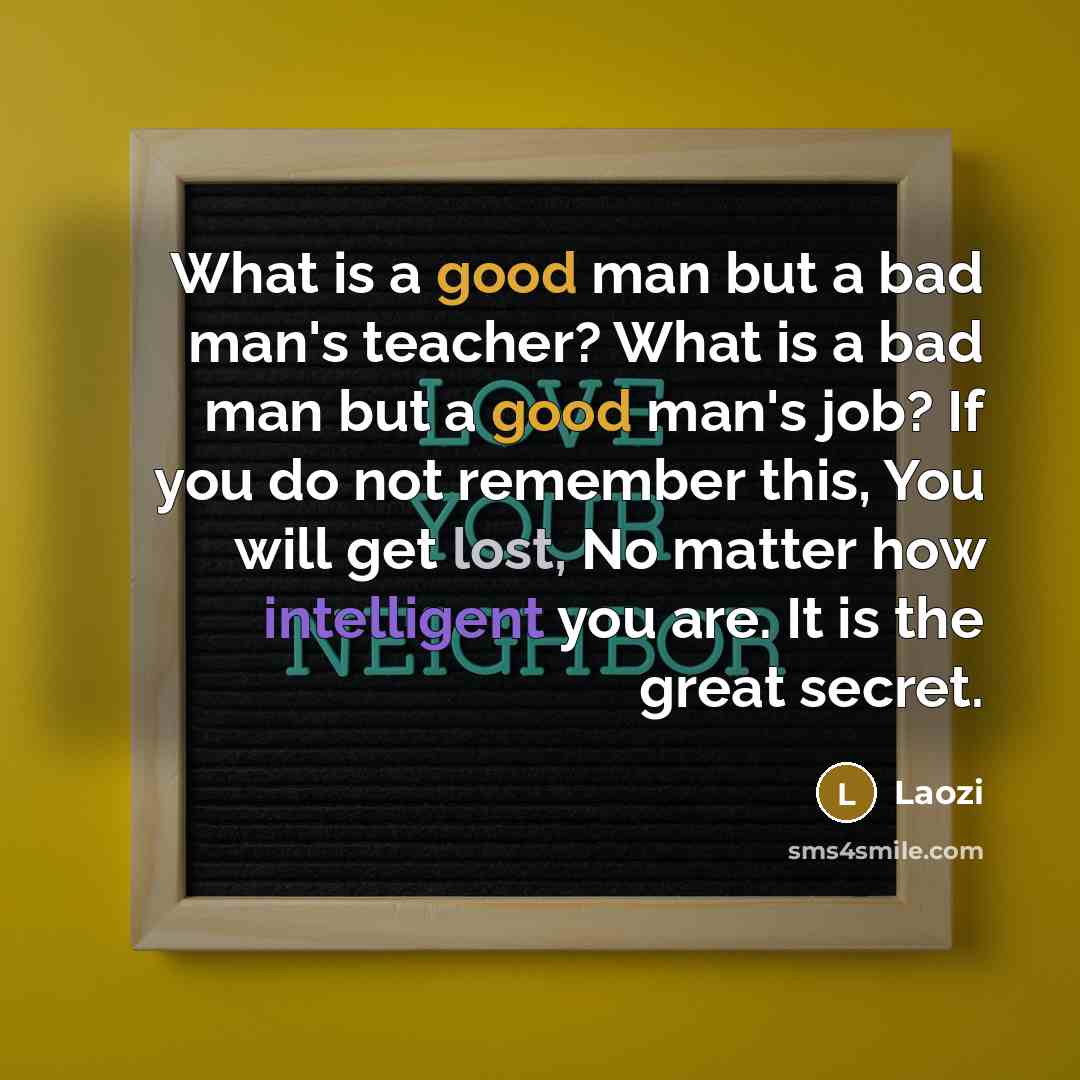 “What is a good man but a bad man's teacher? What is a bad man but a good man's job? If you do not remember this, You will get lost, No matter how intelligent you are. It is the great secret.” quote by Laozi