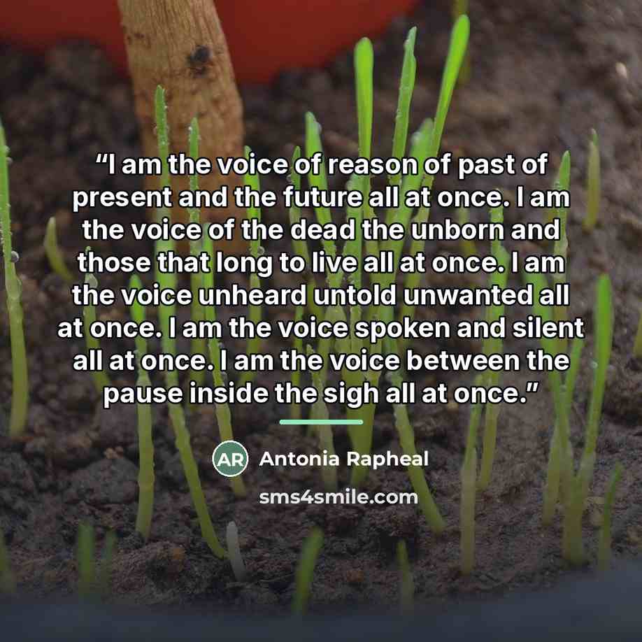 “I am the voice of reason of past of present and the future all at once. I am the voice of the dead the unborn and those that long to live all at once. I am the voice unheard untold unwanted all at once. I am the voice spoken and silent all at once. I am the voice between the pause inside the sigh…” quote by Antonia Rapheal