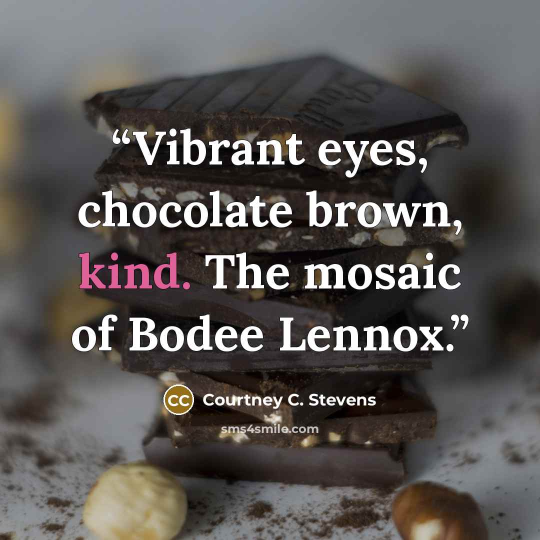 “Vibrant eyes, chocolate brown, kind. The mosaic of Bodee Lennox.” quote by Courtney C. Stevens