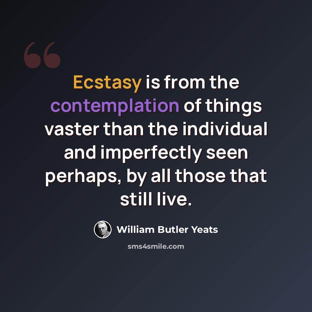 “Ecstasy is from the contemplation of things vaster than the individual and imperfectly seen perhaps, by all those that still live.” quote by William Butler Yeats