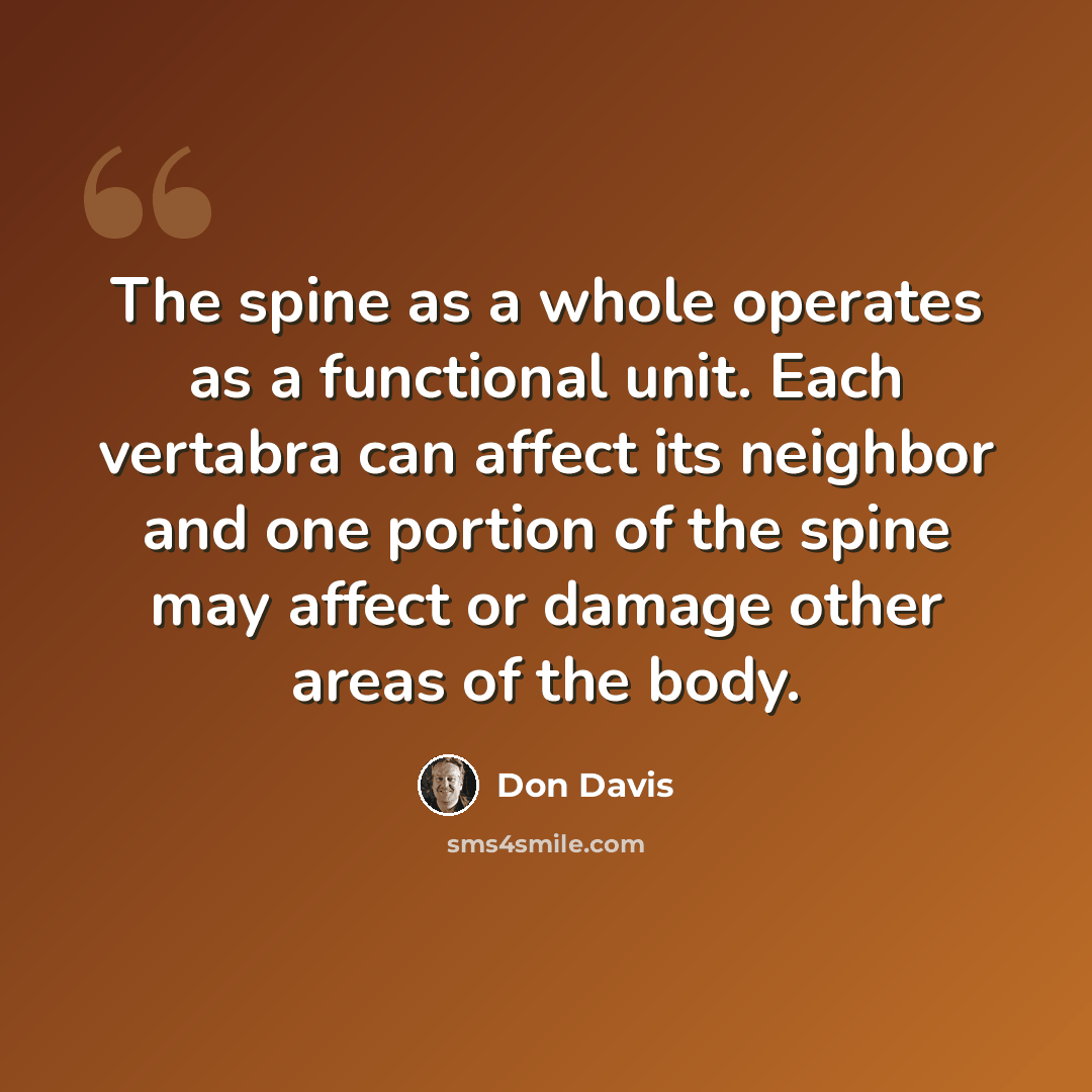 “The spine as a whole operates as a functional unit. Each vertabra can affect its neighbor and one portion of the spine may affect or damage other areas of the body.” quote by Don Davis