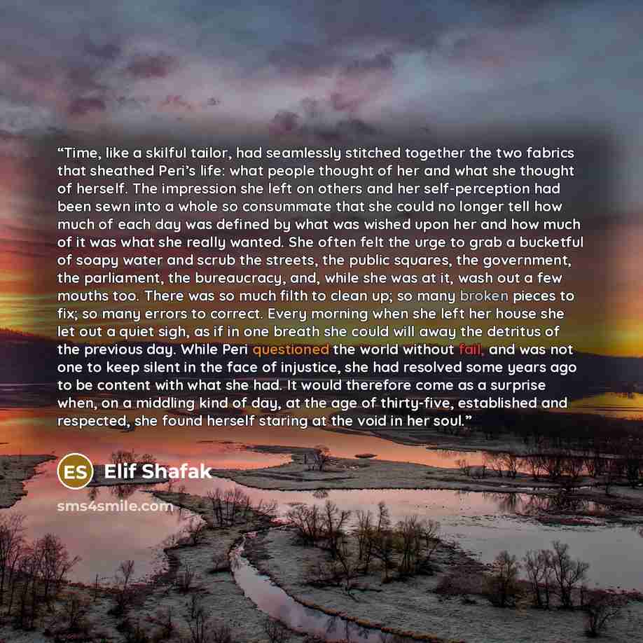 “Time, like a skilful tailor, had seamlessly stitched together the two fabrics that sheathed Peri’s life: what people thought of her and what she thought of herself. The impression she left on others and her self-perception had been sewn into a whole so consummate that she could no longer tell how…” quote by Elif Shafak