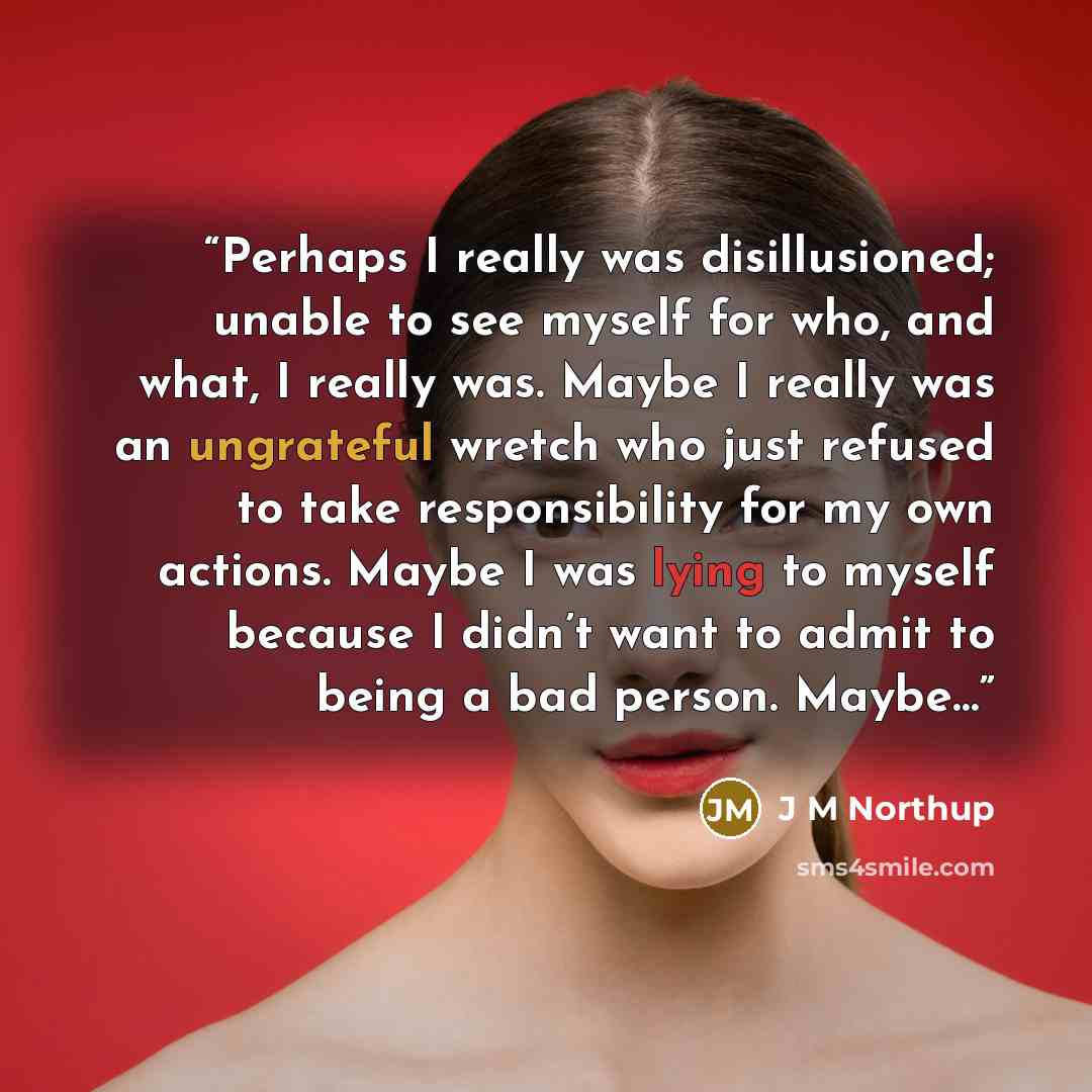 “Perhaps I really was disillusioned; unable to see myself for who, and what, I really was. Maybe I really was an ungrateful wretch who just refused to take responsibility for my own actions. Maybe I was lying to myself because I didn’t want to admit to being a bad person. Maybe…” quote by J M Northup