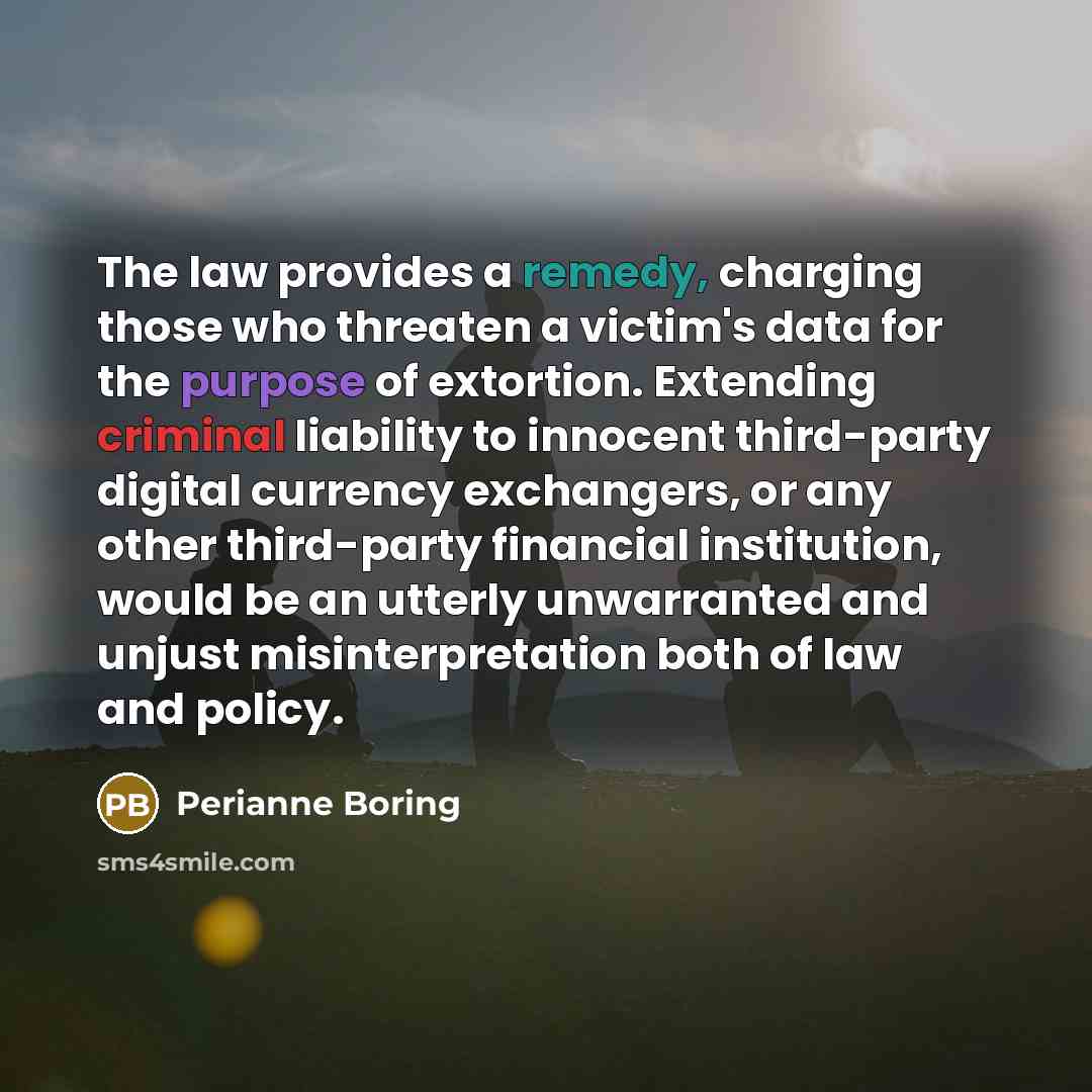 “The law provides a remedy, charging those who threaten a victim's data for the purpose of extortion. Extending criminal liability to innocent third-party digital currency exchangers, or any other third-party financial institution, would be an utterly unwarranted and unjust misinterpretation both…” quote by Perianne Boring