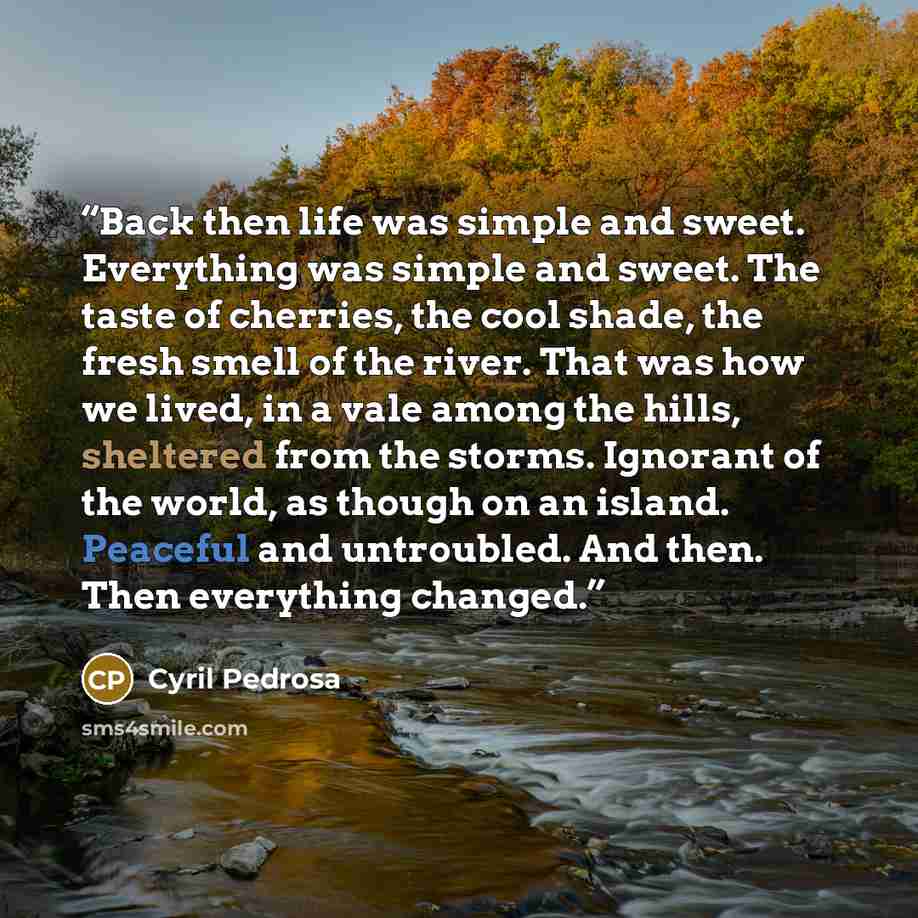 “Back then life was simple and sweet. Everything was simple and sweet. The taste of cherries, the cool shade, the fresh smell of the river. That was how we lived, in a vale among the hills, sheltered from the storms. Ignorant of the world, as though on an island. Peaceful and untroubled. And then…” quote by Cyril Pedrosa