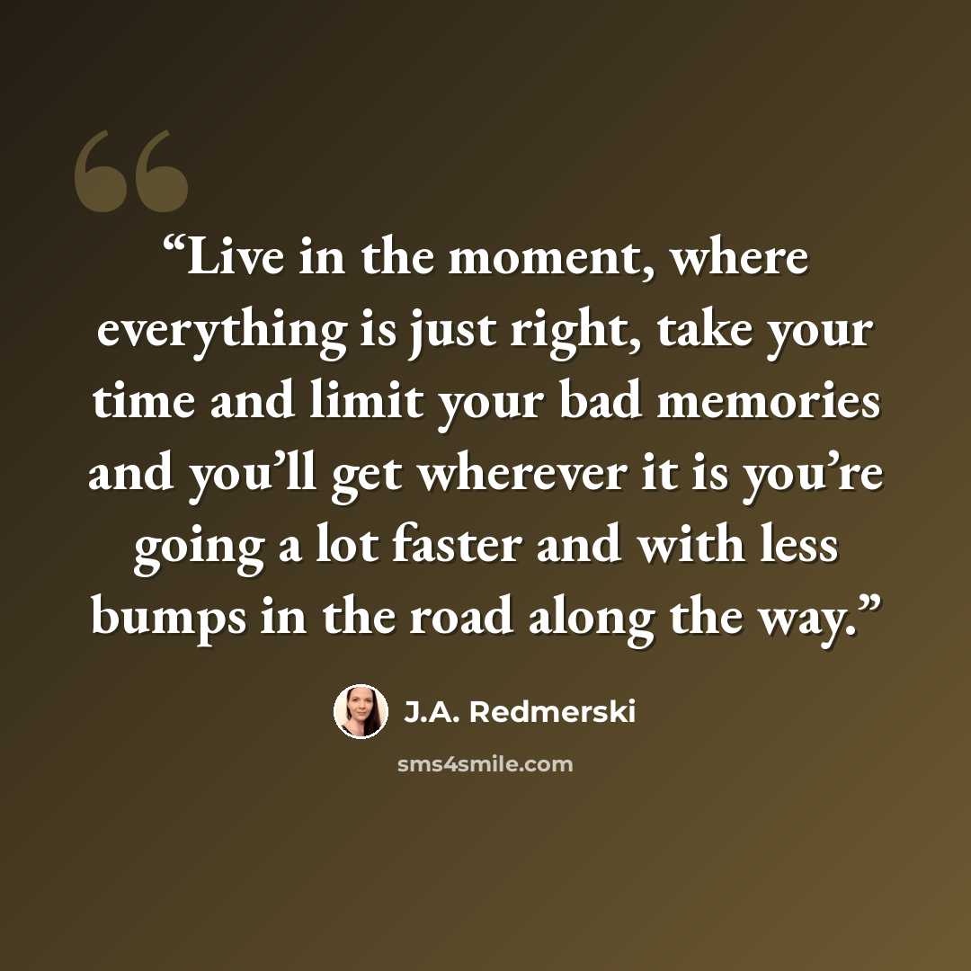 “Live in the moment, where everything is just right, take your time and limit your bad memories and you’ll get wherever it is you’re going a lot faster and with less bumps in the road along the way.” quote by J.A. Redmerski