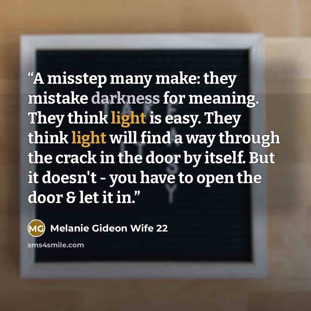 “A misstep many make: they mistake darkness for meaning. They think light is easy. They think light will find a way through the crack in the door by itself. But it doesn't - you have to open the door & let it in.” quote by Melanie Gideon Wife 22
