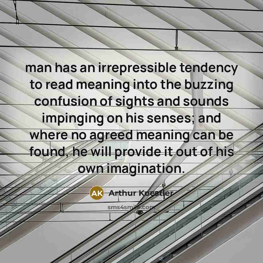 “man has an irrepressible tendency to read meaning into the buzzing confusion of sights and sounds impinging on his senses; and where no agreed meaning can be found, he will provide it out of his own imagination.” quote by Arthur Koestler