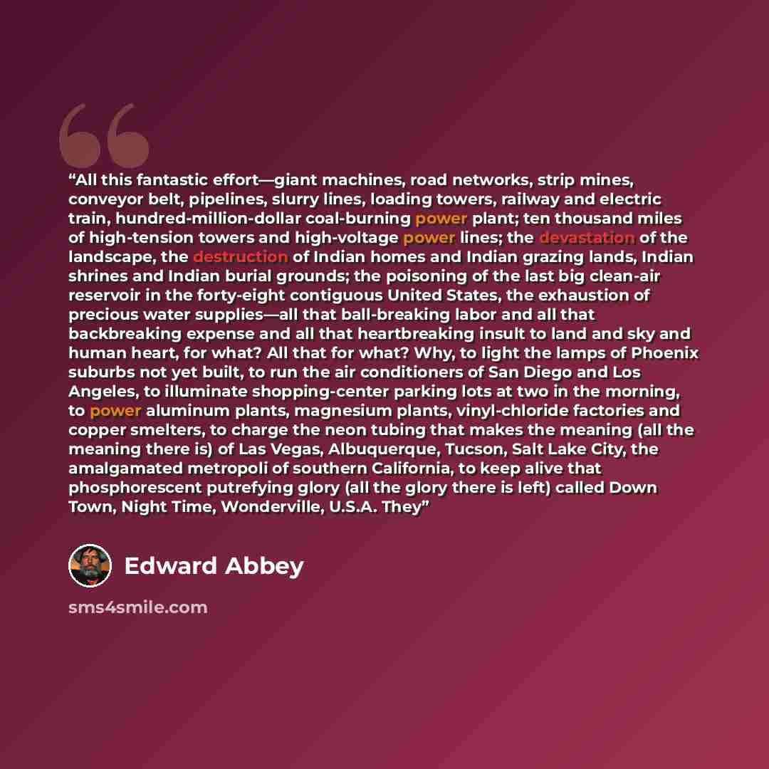 “All this fantastic effort—giant machines, road networks, strip mines, conveyor belt, pipelines, slurry lines, loading towers, railway and electric train, hundred-million-dollar coal-burning power plant; ten thousand miles of high-tension towers and high-voltage power lines; the devastation of the…” quote by Edward Abbey