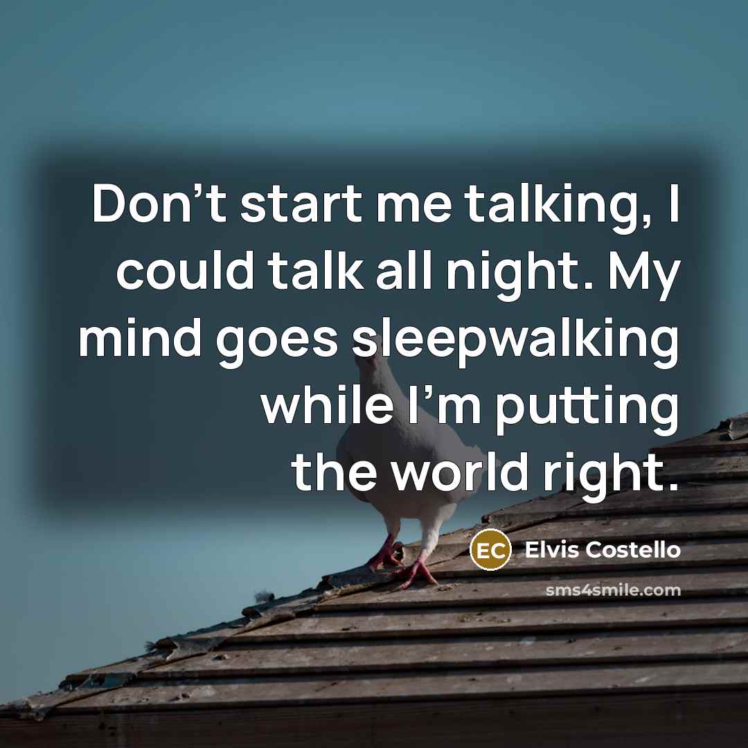 “Don't start me talking, I could talk all night. My mind goes sleepwalking while I'm putting the world right.” quote by Elvis Costello