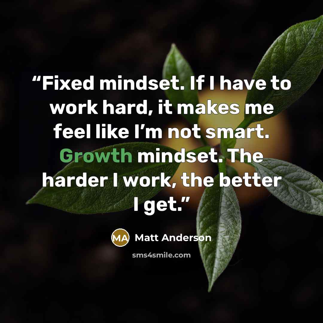 “Fixed mindset. If I have to work hard, it makes me feel like I’m not smart. Growth mindset. The harder I work, the better I get.” quote by Matt Anderson