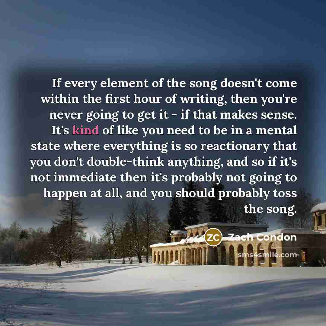 “If every element of the song doesn't come within the first hour of writing, then you're never going to get it - if that makes sense. It's kind of like you need to be in a mental state where everything is so reactionary that you don't double-think anything, and so if it's not immediate then it's…” quote by Zach Condon