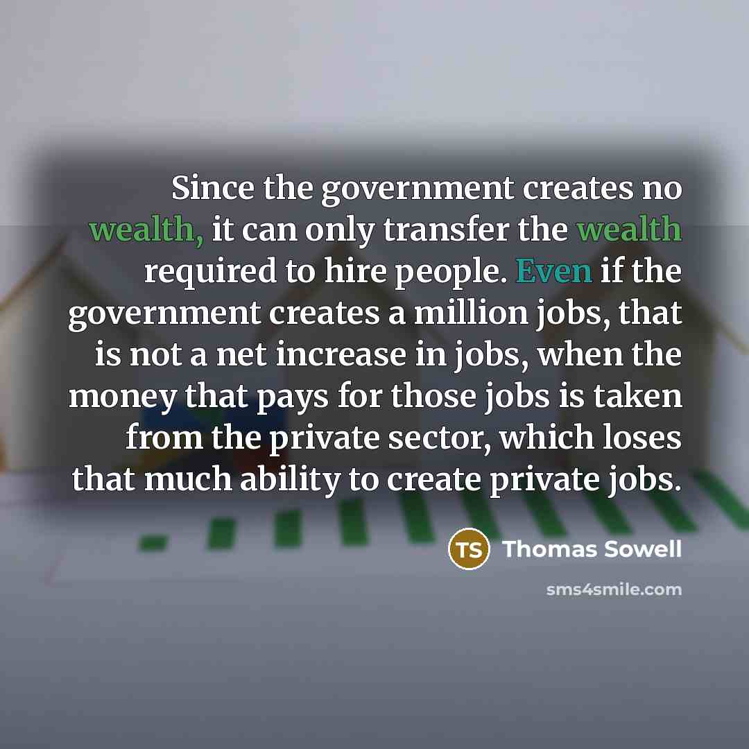 “Since the government creates no wealth, it can only transfer the wealth required to hire people. Even if the government creates a million jobs, that is not a net increase in jobs, when the money that pays for those jobs is taken from the private sector, which loses that much ability to create…” quote by Thomas Sowell