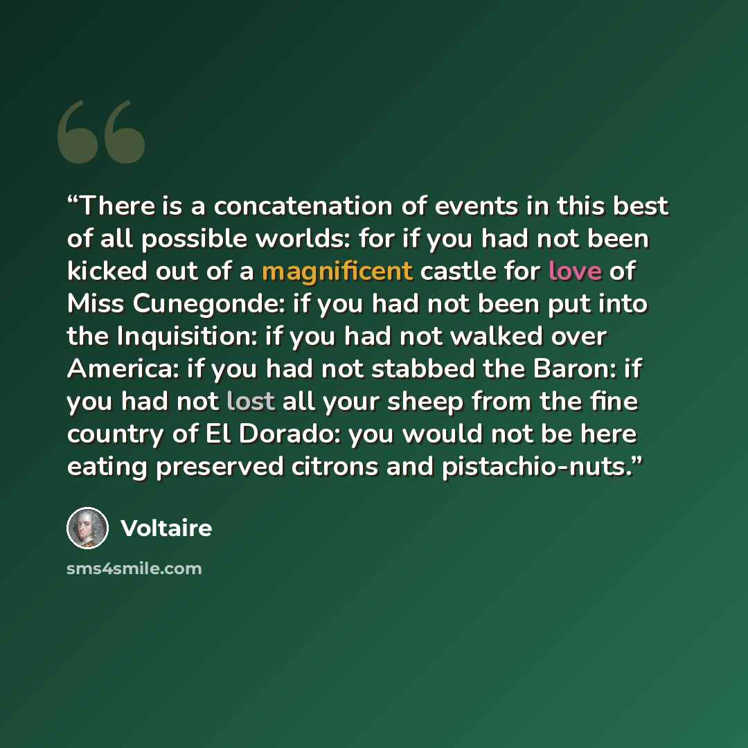 “There is a concatenation of events in this best of all possible worlds: for if you had not been kicked out of a magnificent castle for love of Miss Cunegonde: if you had not been put into the Inquisition: if you had not walked over America: if you had not stabbed the Baron: if you had not lost all…” quote by Voltaire