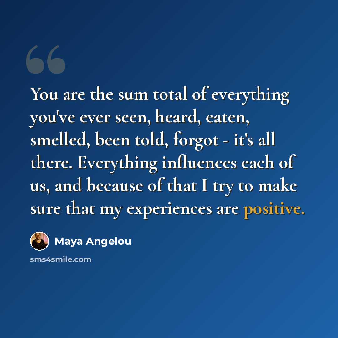“You are the sum total of everything you've ever seen, heard, eaten, smelled, been told, forgot - it's all there. Everything influences each of us, and because of that I try to make sure that my experiences are positive.” quote by Maya Angelou