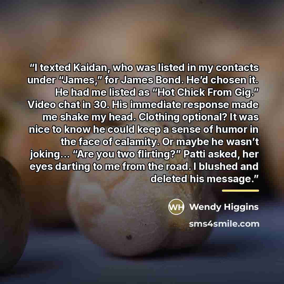 “I texted Kaidan, who was listed in my contacts under “James,” for James Bond. He’d chosen it. He had me listed as “Hot Chick From Gig.” Video chat in 30. His immediate response made me shake my head. Clothing optional? It was nice to know he could keep a sense of humor in the face of calamity. Or…” quote by Wendy Higgins