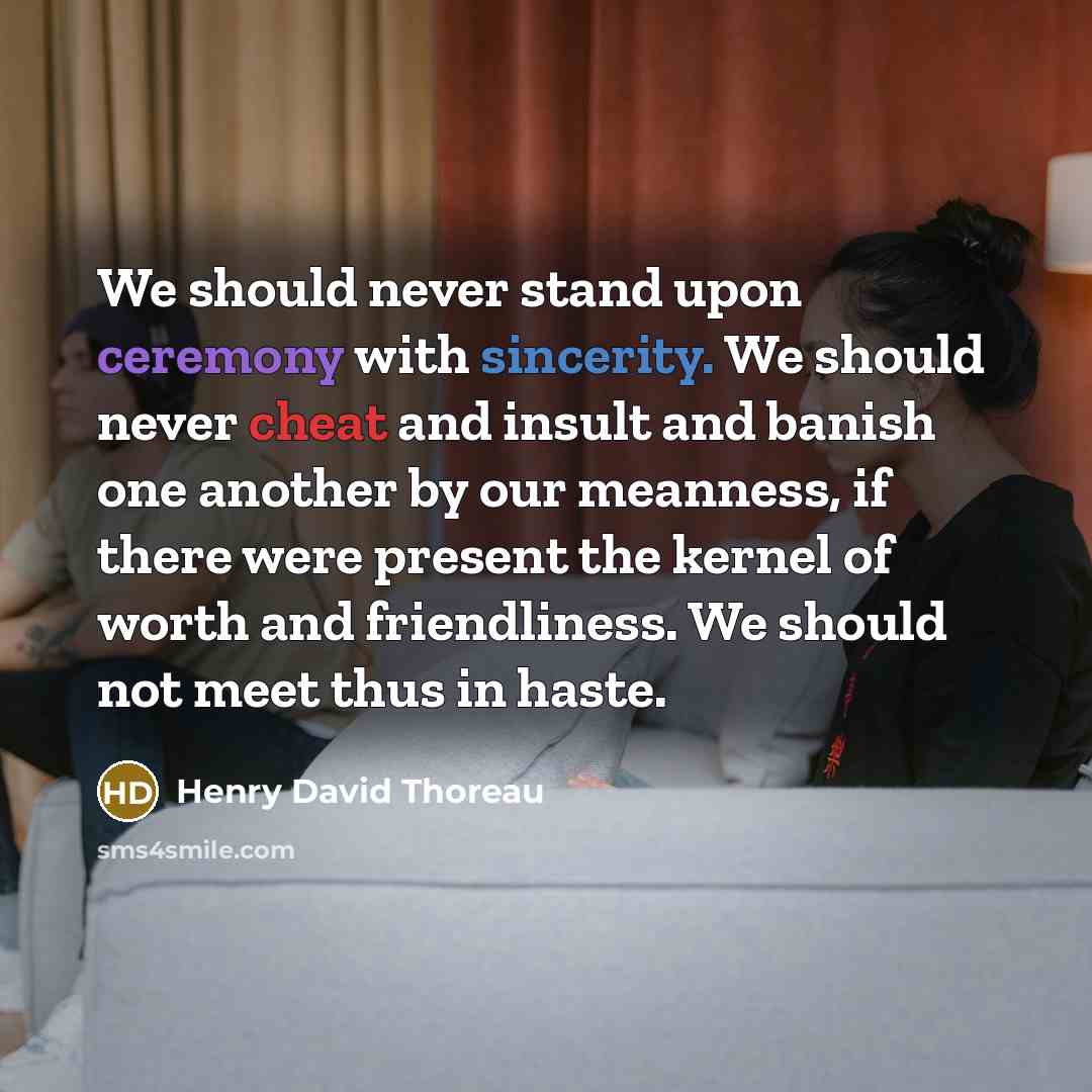 “We should never stand upon ceremony with sincerity. We should never cheat and insult and banish one another by our meanness, if there were present the kernel of worth and friendliness. We should not meet thus in haste.” quote by Henry David Thoreau