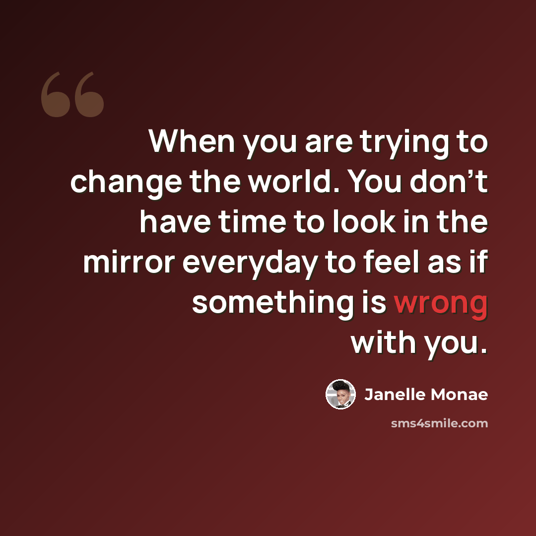 “When you are trying to change the world. You don't have time to look in the mirror everyday to feel as if something is wrong with you.” quote by Janelle Monae