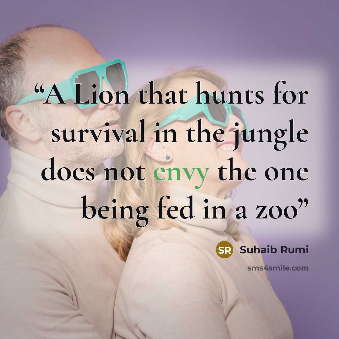 “A Lion that hunts for survival in the jungle does not envy the one being fed in a zoo” quote by Suhaib Rumi